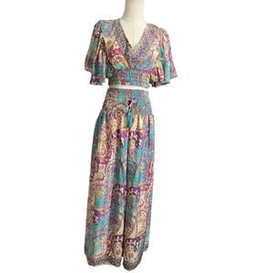 Rhea NWT S/M Silk Blend Paisley Set Crop Top Wide Leg Pants Boho